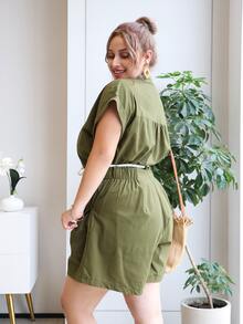 Jumpsuits Plus Size Nút phía trước màu trơn Giải trí - xanh quân đội - Xem 2