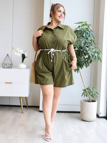 Jumpsuits Plus Size Nút phía trước màu trơn Giải trí - xanh quân đội - Xem 4