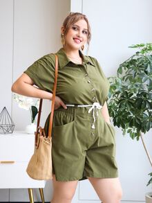 Jumpsuits Plus Size Nút phía trước màu trơn Giải trí - xanh quân đội - Xem 5