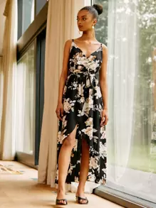 SHEIN 花卉開衩大腿圍裹腰帶吊帶連衣裙