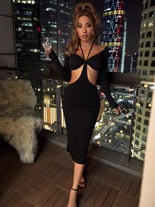 Vestido ajustado de cintura con abertura - Negro - Ver 6