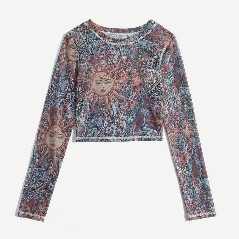 

Sun Graphic Mesh Crop Top, Multicolor