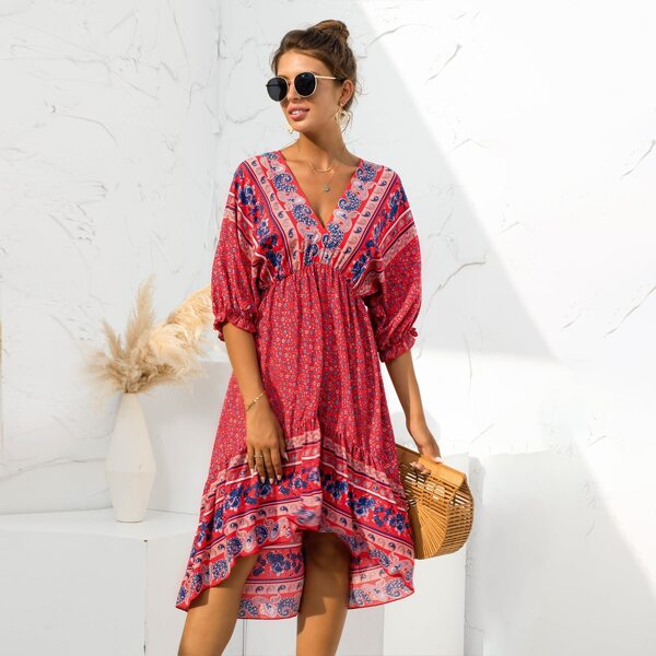 

Floral And Paisley Print Batwing Sleeve High Low Dress, Red