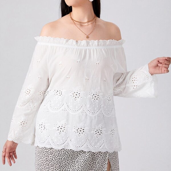 

Plus Off Shoulder Eyelet Embroidery Scallop Trim Blouse, White