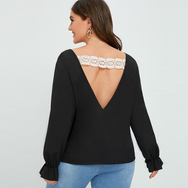 

Plus Guipure Lace Insert V Back Blouse, Black