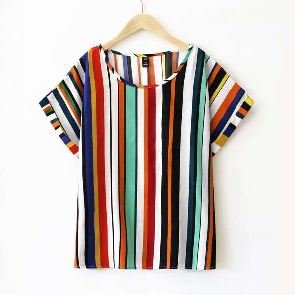 

Plus Striped Notched Neck Blouse, Multicolor