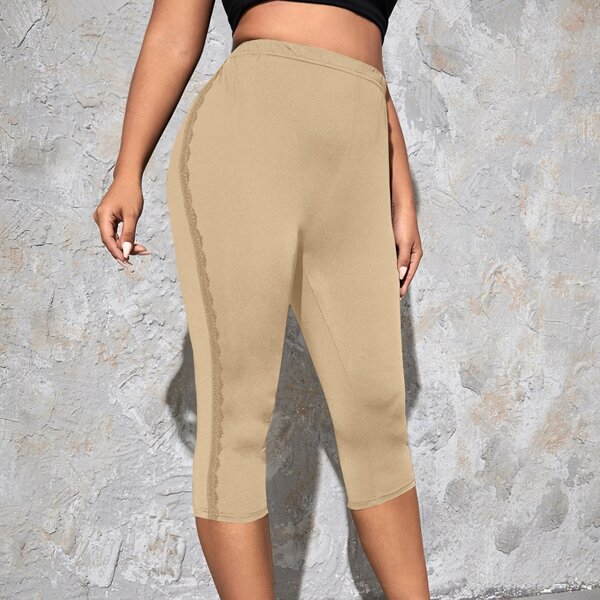 

Plus Solid Elastic Waist Leggings, Khaki