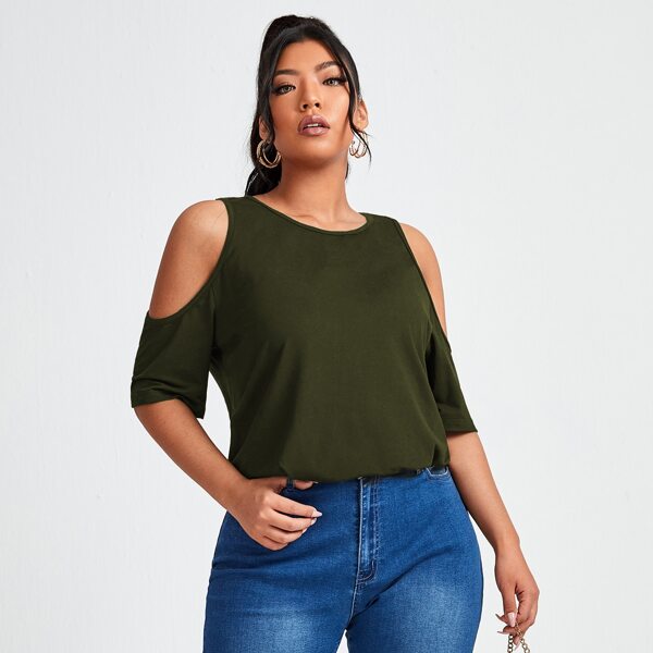 

Plus Solid Cold Shoulder Tee, Army green