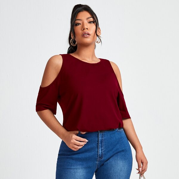 

Plus Solid Cold Shoulder Tee, Burgundy