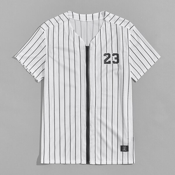 

Men Striped & Letter Graphic Zip Up Patch Detail Mesh Shirt, White