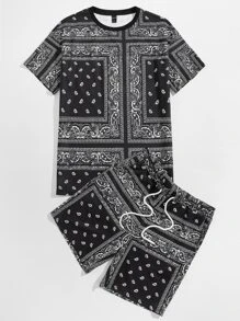 Manfinity VCAY Ensemble t-shirt et short à cordon homme ample avec imprimé cachemire