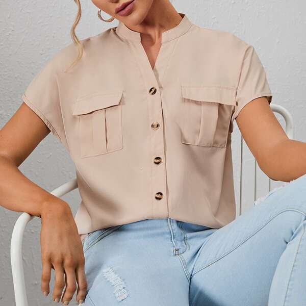 

Notched Neck Flap Pocket Blouse, Apricot