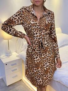 SHEIN LUNE Leopard Print Belted Shirt Dress - Multicolor - View 1