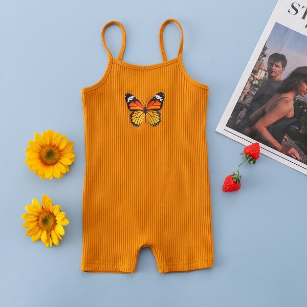 

Toddler Girls Butterfly Print Ribbed Cami Romper, Orange
