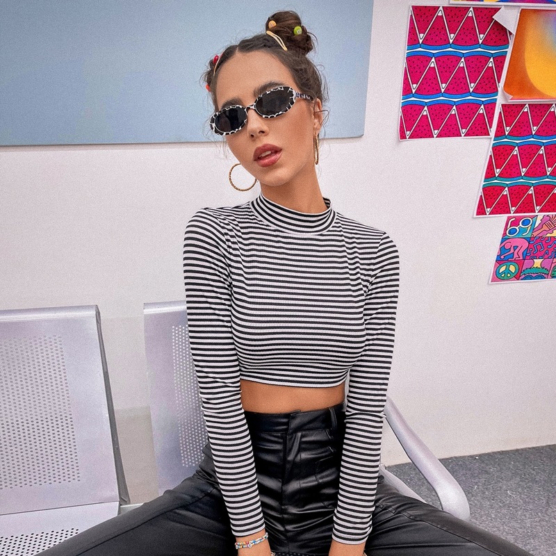 

Striped Print Stand Neck Crop Tee, Black and white