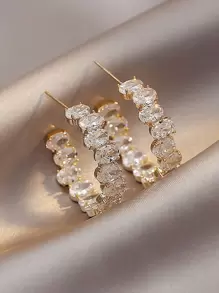 Andkiss Rhinestone Decor Open Hoop Earrings - Vàng - Xem 4