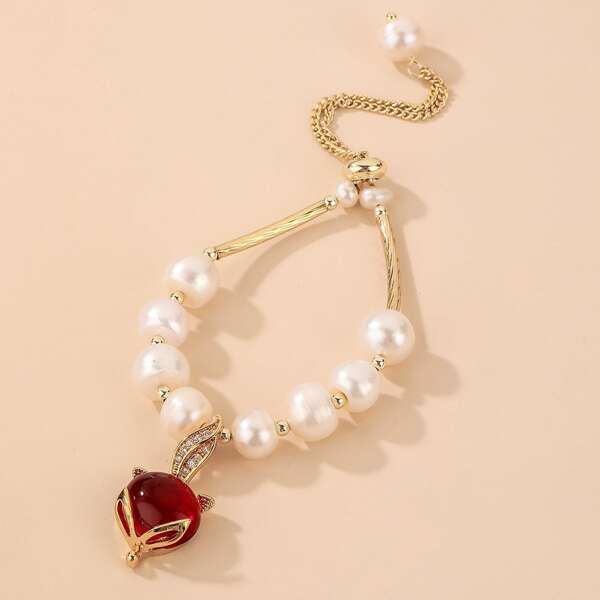 

Fox Head Charm Faux Pearl Decor Bracelet, Red