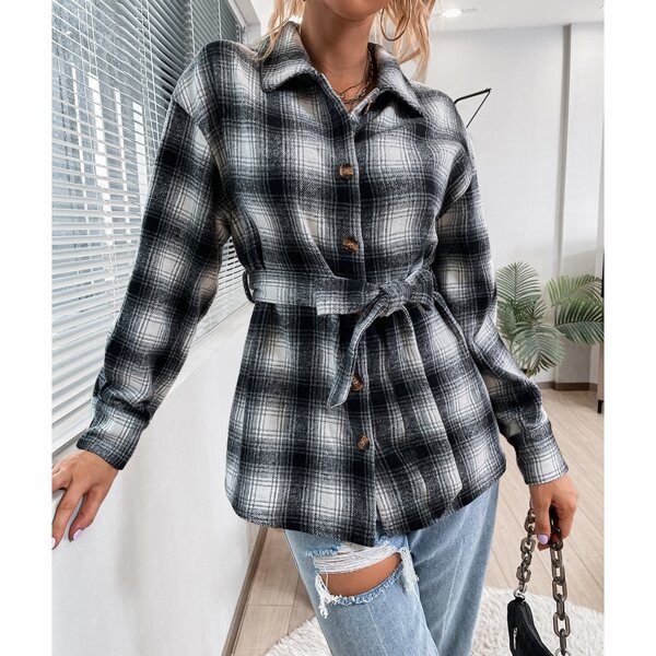 

Plaid Drop Shoulder Belted Overcoat, Black and white