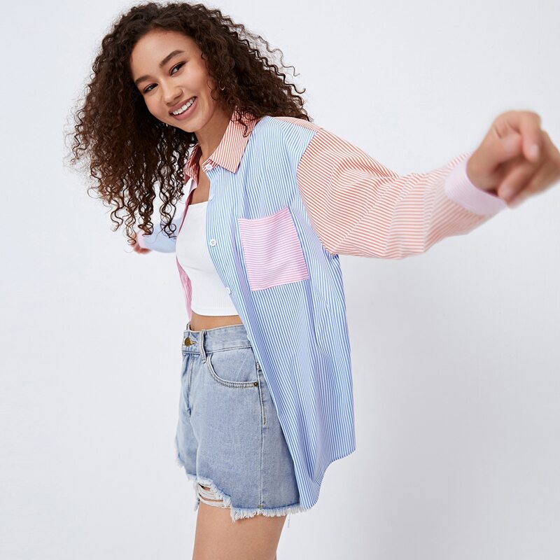 

Colorblock Striped Button Front Blouse, Multicolor