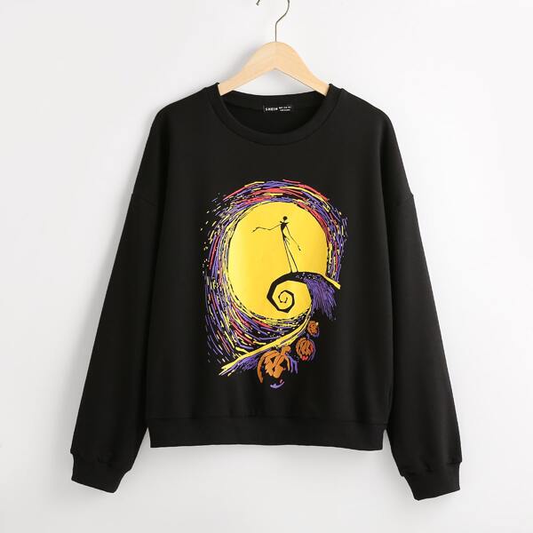 

Halloween Print Drop Shoulder Sweatshirt, Black