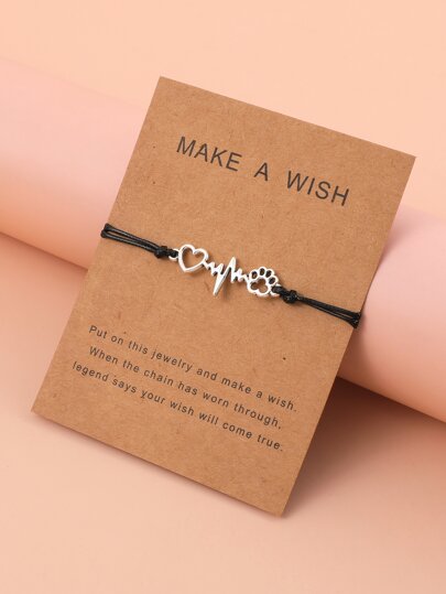 قطعة واحدة سوار مجدول بشكل كلب وقلب قابل للتعديل من حبل أسود ، مجوهرات للعلاقة، هدية عيد الأم، عيد الأم، عيد الأم