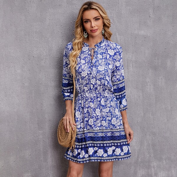 

Floral Print Tie Neck Dress, Blue and white