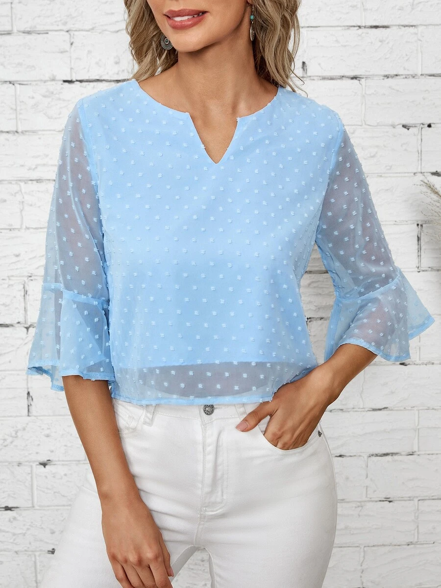 EMERY ROSE 圓點荷葉袖襯衫 - 淺藍色 - 查看 1