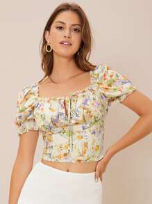 SHEIN Floral Print Tie Neck Frill Trim Puff Sleeve Crop Blouse - Multicolor - View 3