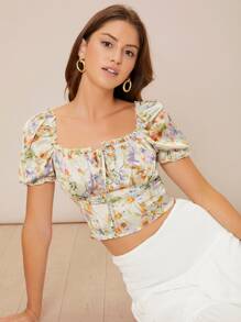 SHEIN Floral Print Tie Neck Frill Trim Puff Sleeve Crop Blouse - Multicolor - View 2