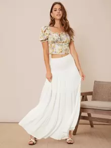 SHEIN Floral Print Tie Neck Frill Trim Puff Sleeve Crop Blouse - Multicolor - View 1