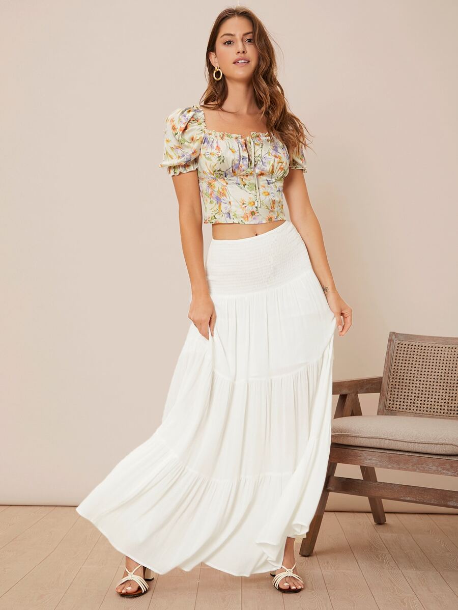 SHEIN Floral Print Tie Neck Frill Trim Puff Sleeve Crop Blouse - Multicolor - View 1