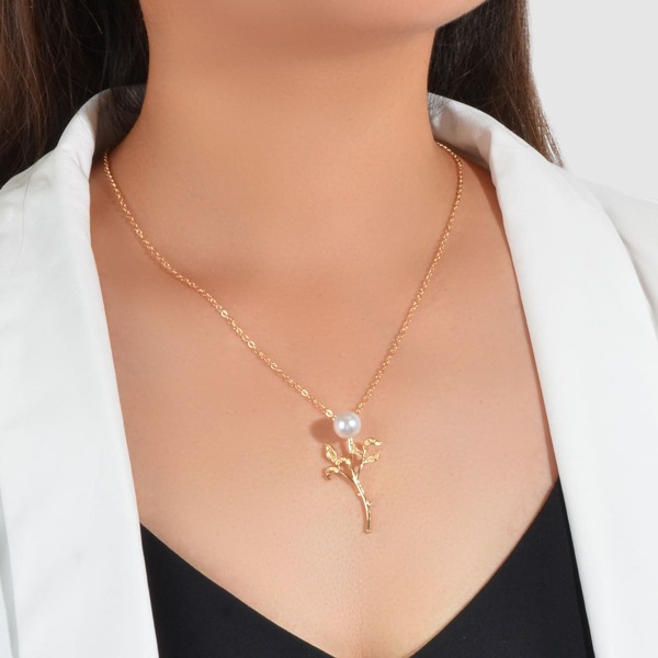 

Faux Pearl Decor Tree Charm Necklace, Gold