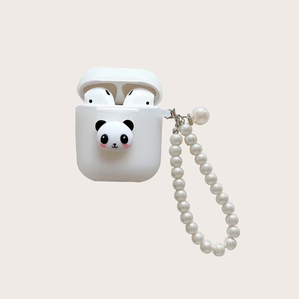 

3D Panda Decor Case For Airpods With Faux Pearl Strap, White