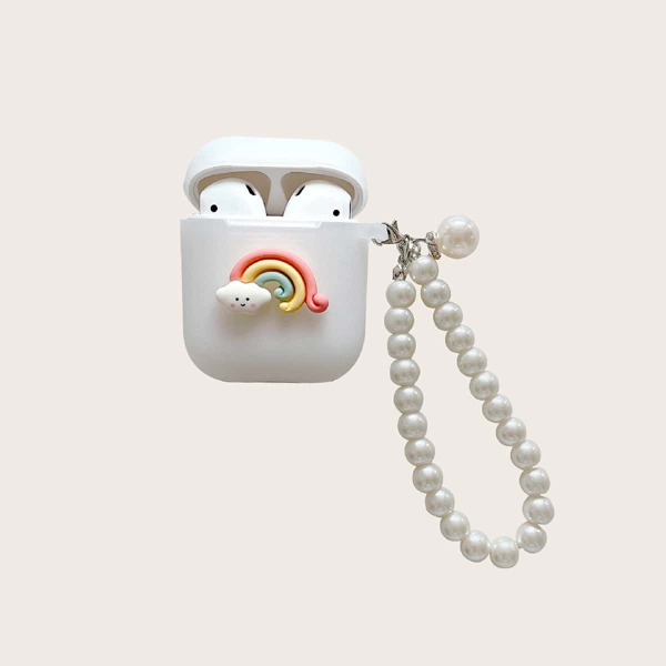 

3D Rainbow Decor Case For Airpods With Faux Pearl Strap, White