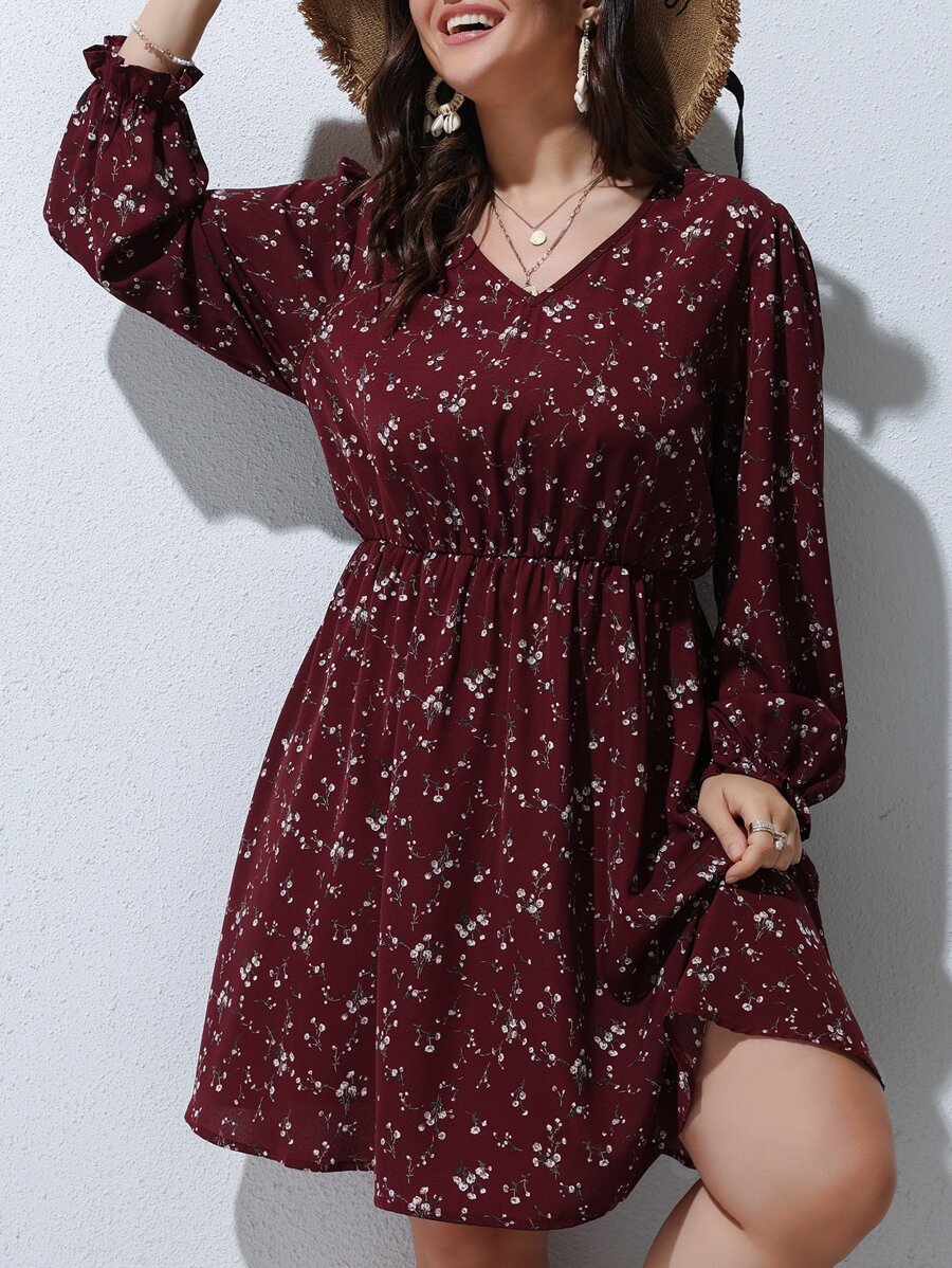 SHEIN LUNE Plus Ditsy Floral Print A-line Dress - Maroon - View 1