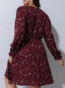 SHEIN LUNE Plus Ditsy Floral Print A-line Dress - Maroon - View 2