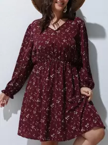 SHEIN LUNE Plus Ditsy Floral Print A-line Dress - Maroon - View 4