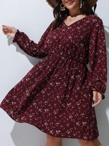 SHEIN LUNE Plus Ditsy Floral Print A-line Dress - Maroon - View 5