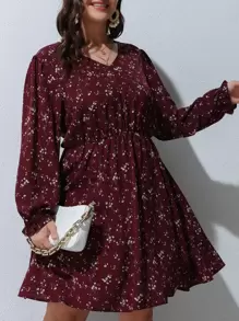 SHEIN LUNE Plus Ditsy Floral Print A-line Dress - Maroon - View 6