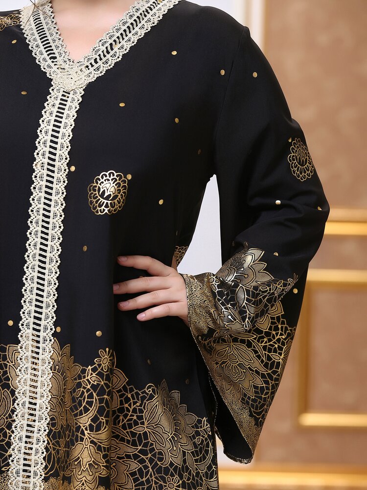 Blusa estampado dorado con encaje - Negro - Añade 4