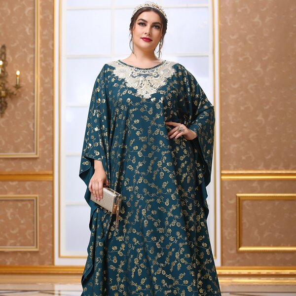 

Plus Ditsy Floral Print Guipure Lace Insert Dress, Dark green