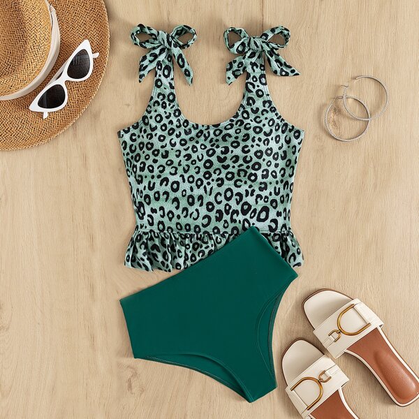 

Leopard Ruffle Hem Tie Shoulder Bikini Swimsuit, Green