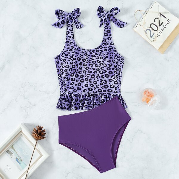 

Leopard Ruffle Hem Tie Shoulder Bikini Swimsuit, Purple