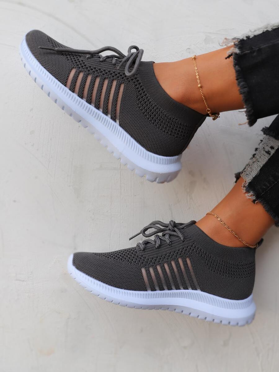 Giày chạy bộ thể thao có dây buộc sọc dành cho nữ, màu trơn - Xám - Xem 1