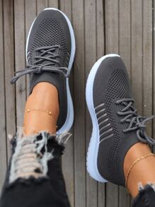 Giày chạy bộ thể thao có dây buộc sọc dành cho nữ, màu trơn - Xám - Xem 2