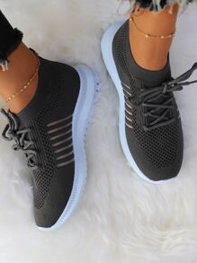 Giày chạy bộ thể thao có dây buộc sọc dành cho nữ, màu trơn - Xám - Xem 3