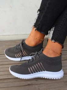 Giày chạy bộ thể thao có dây buộc sọc dành cho nữ, màu trơn - Xám - Xem 4