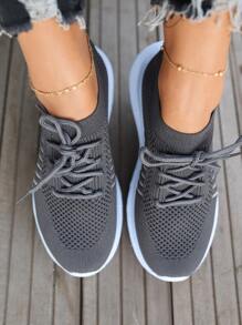 Giày chạy bộ thể thao có dây buộc sọc dành cho nữ, màu trơn - Xám - Xem 5