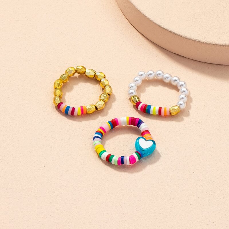 

3pcs Heart Beaded Ring, Multicolor