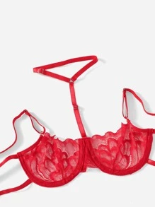 ROMWE Kawaii Lace Garter Underwire Lingerie Set - Red - View 3